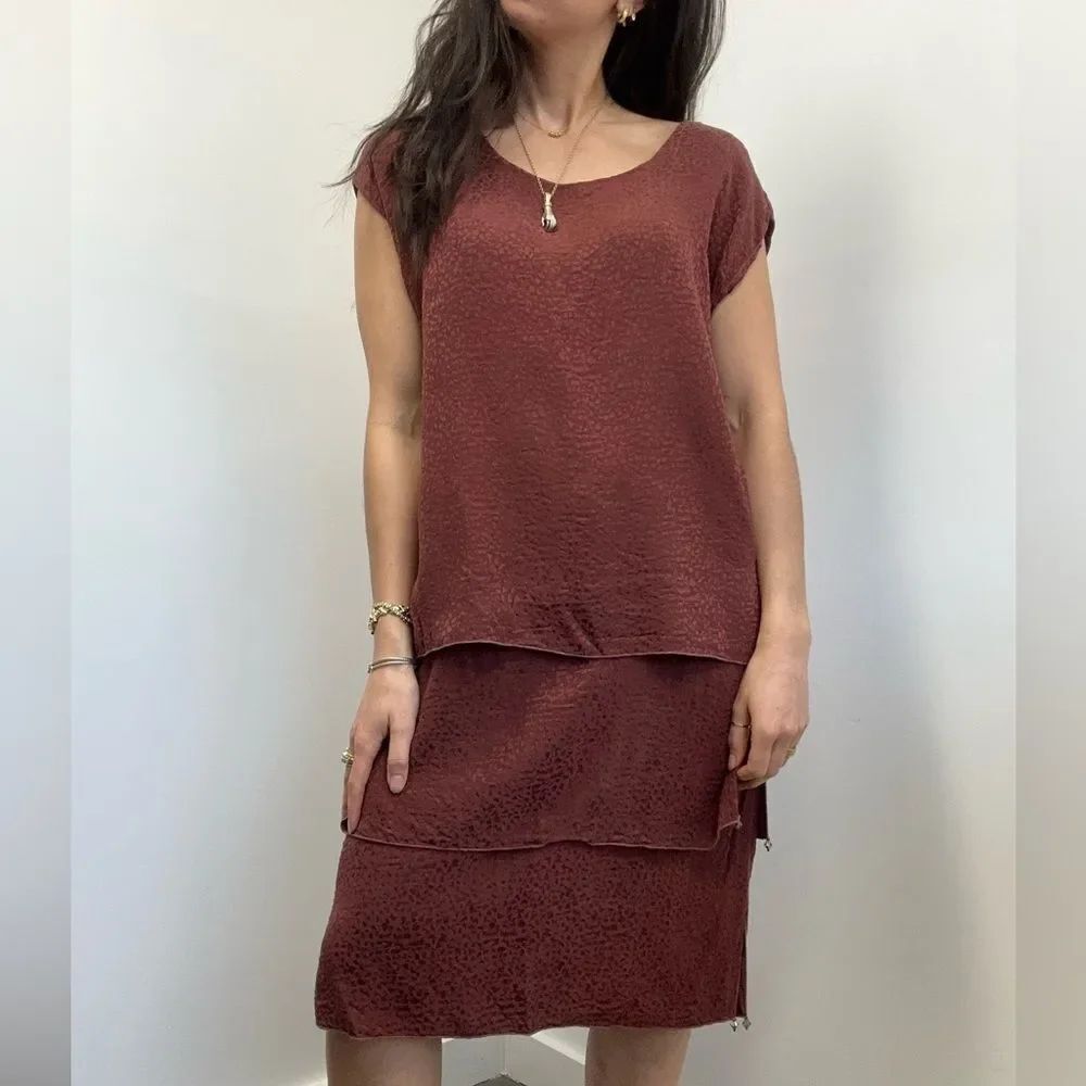 Vintage 90's Animal Print Burgundy 100% Silk Tiered Short Sleeve Dress Size L
